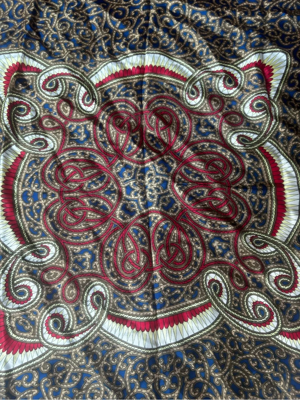 Navy Blue Paisley Silk blend Scarf with Red & Gold Accents